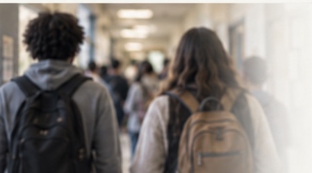 Students walking through a school hallway